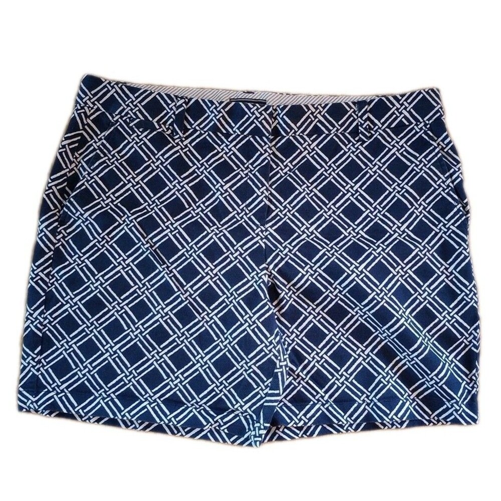 Lands End Shorts Womens 18 Mid Rise Navy Blue White Nautical Cotton Stretch